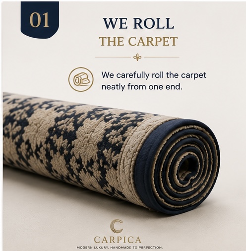 Handcrafted Carpica rug carefully rolled from one end