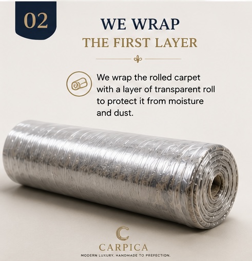 Rolled rug wrapped with transparent protective layer
