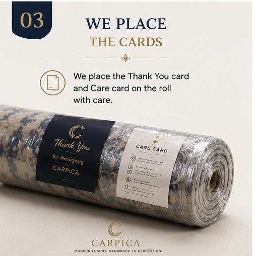 Premium thank you card and care guide placed on the wrapped rug