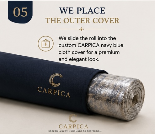 Rug placed inside custom navy blue Carpica cloth cover